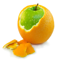 an image of an orange with some peel removed revealing an apple inside